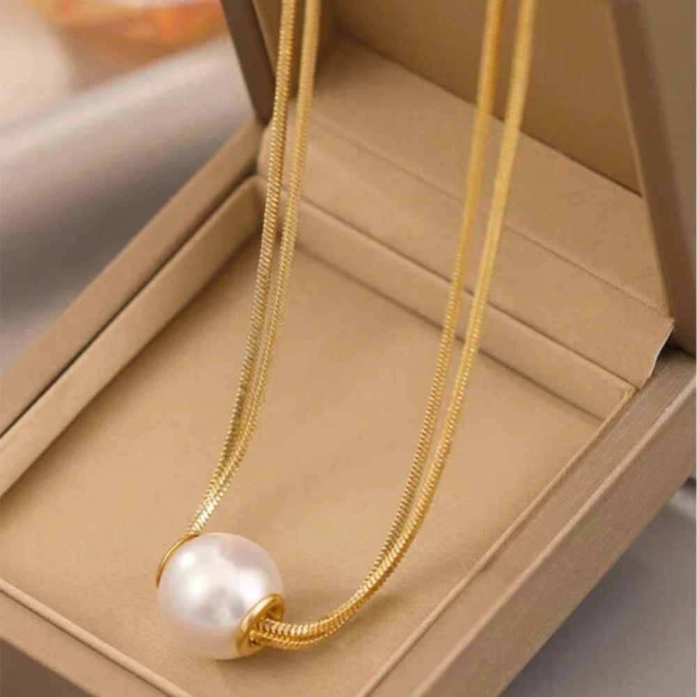 1pc‎ Double Layered Baroque Pearl & Snake Chain Necklace For Women,Fashionable